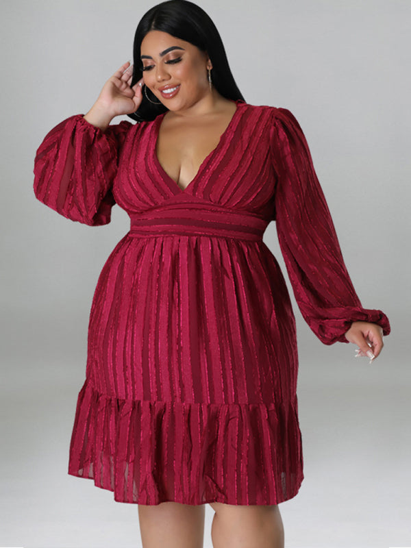 Plus size jacquard V-neck striped long-sleeved dress kakaclo