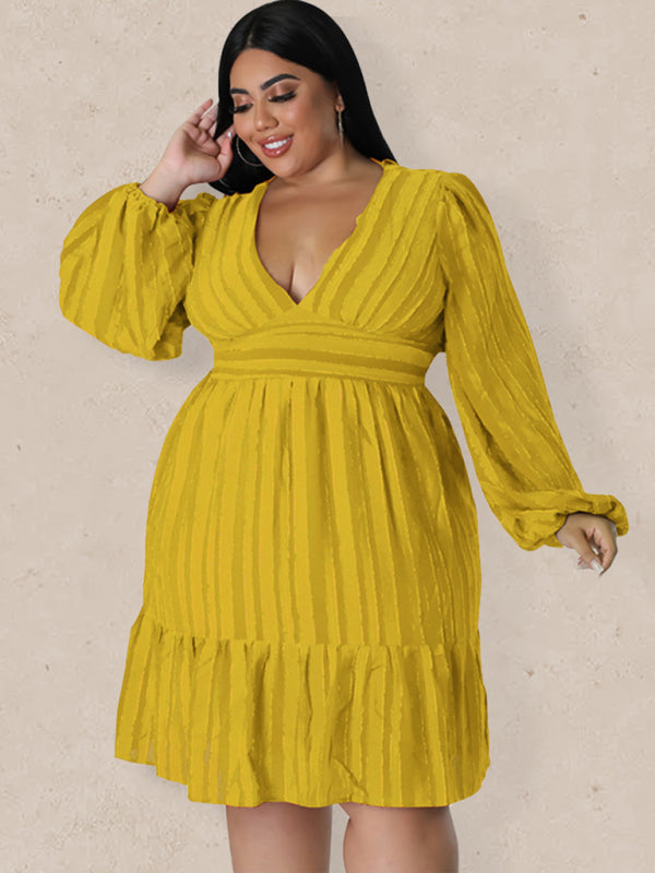 Plus size jacquard V-neck striped long-sleeved dress kakaclo Yellow XL