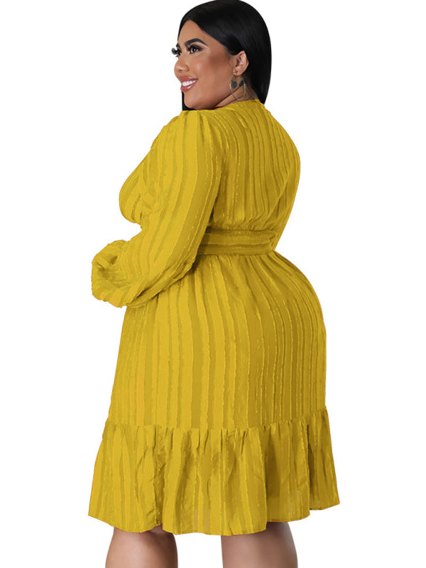 Plus size jacquard V-neck striped long-sleeved dress kakaclo