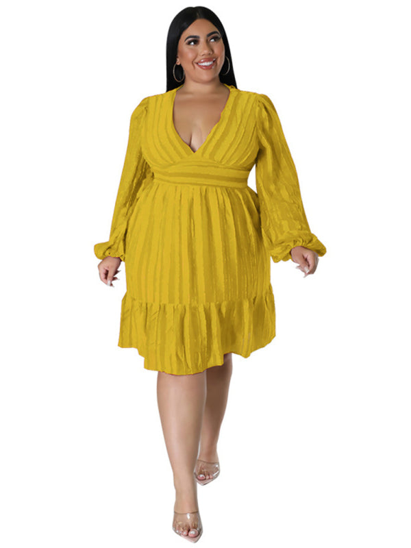 Plus size jacquard V-neck striped long-sleeved dress kakaclo