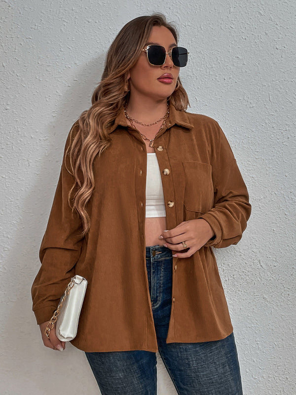 Plus Size New Corduroy Long Sleeve Lapel Shirt kakaclo