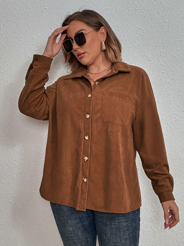 Plus Size New Corduroy Long Sleeve Lapel Shirt kakaclo