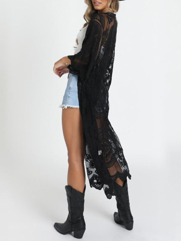 Embroidered lace bikini and mesh cardigan beach cover-up  kakaclo   