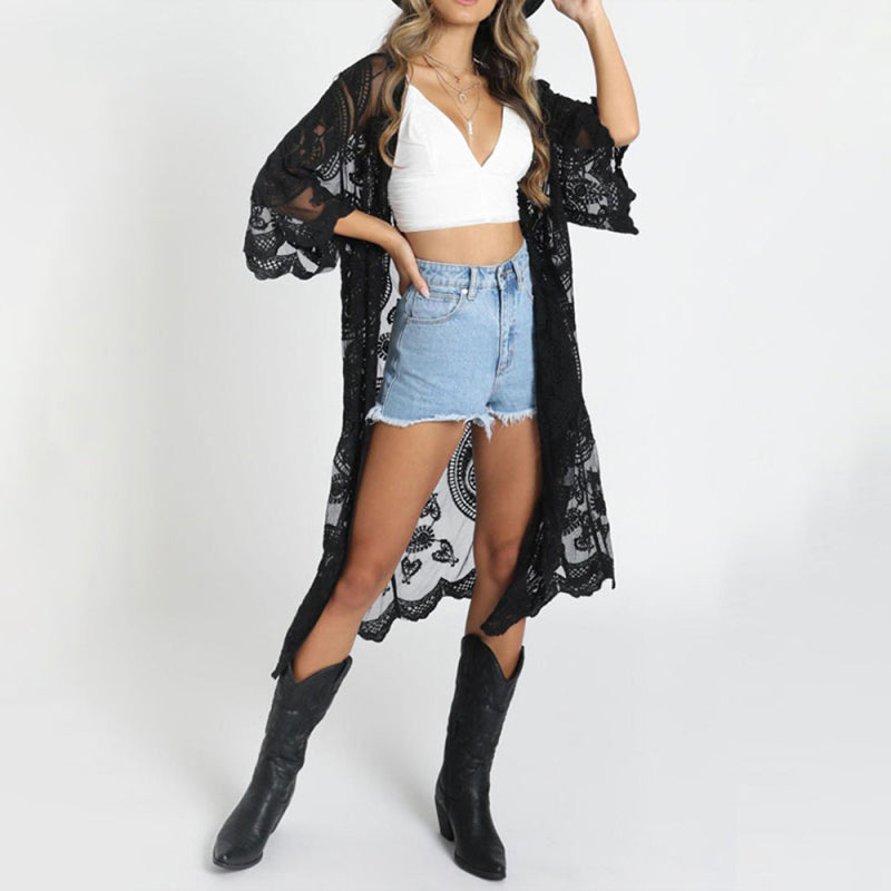 Embroidered lace bikini and mesh cardigan beach cover-up  kakaclo Black F 