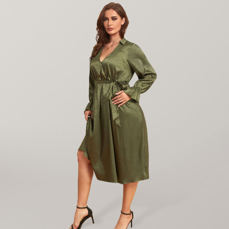 Women's Satin Jacquard Elegant Oversized Midi Dress kakaclo Green XL