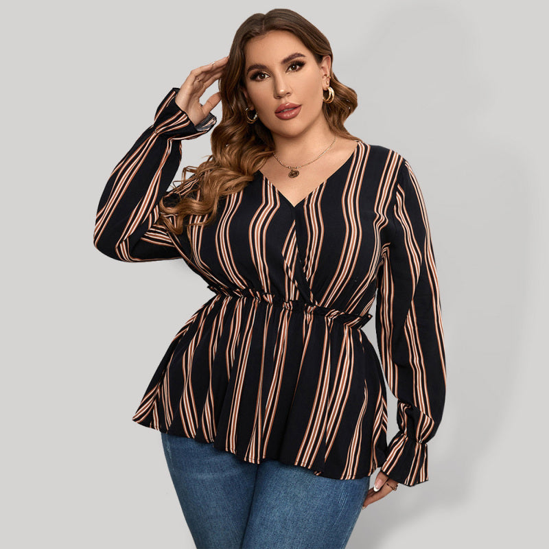 Ladies plus size shirt striped long sleeve waist shirt kakaclo Black XL