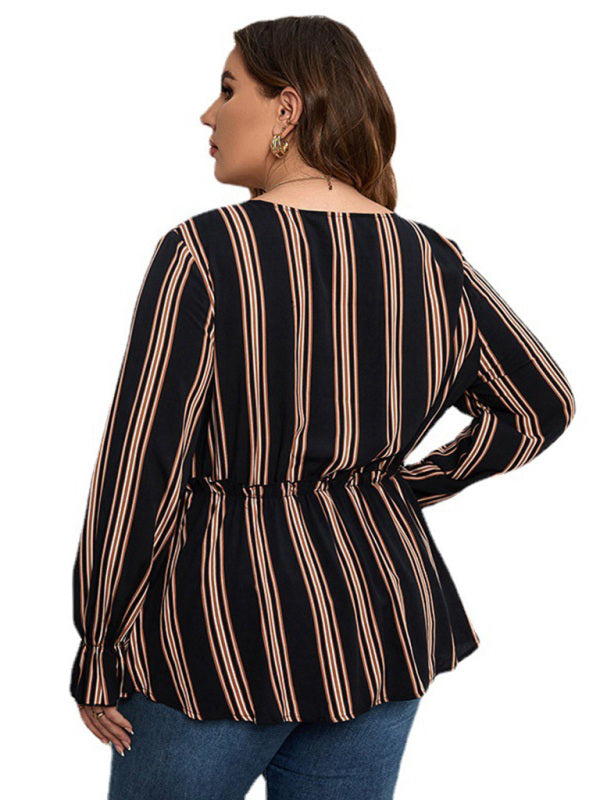 Ladies plus size shirt striped long sleeve waist shirt kakaclo