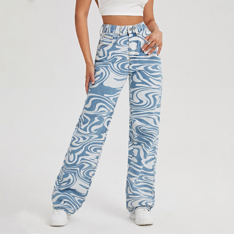 Women's loose water ripple printed straight denim trousers kakaclo Blue XS