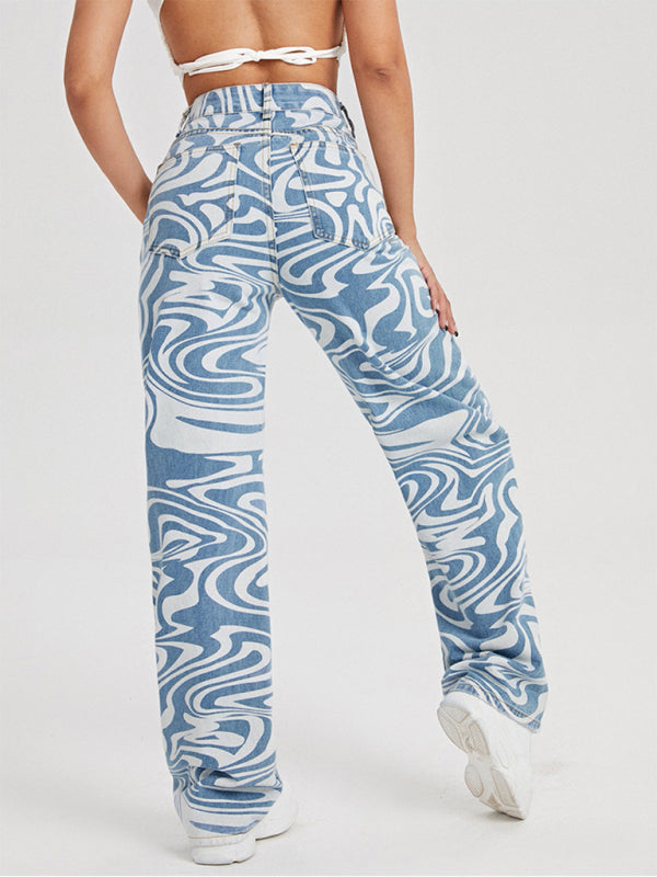 Women's loose water ripple printed straight denim trousers kakaclo