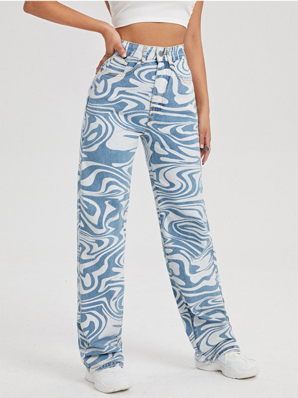 Women's loose water ripple printed straight denim trousers kakaclo