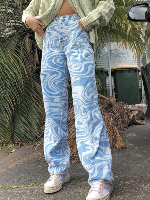 Women's loose water ripple printed straight denim trousers kakaclo