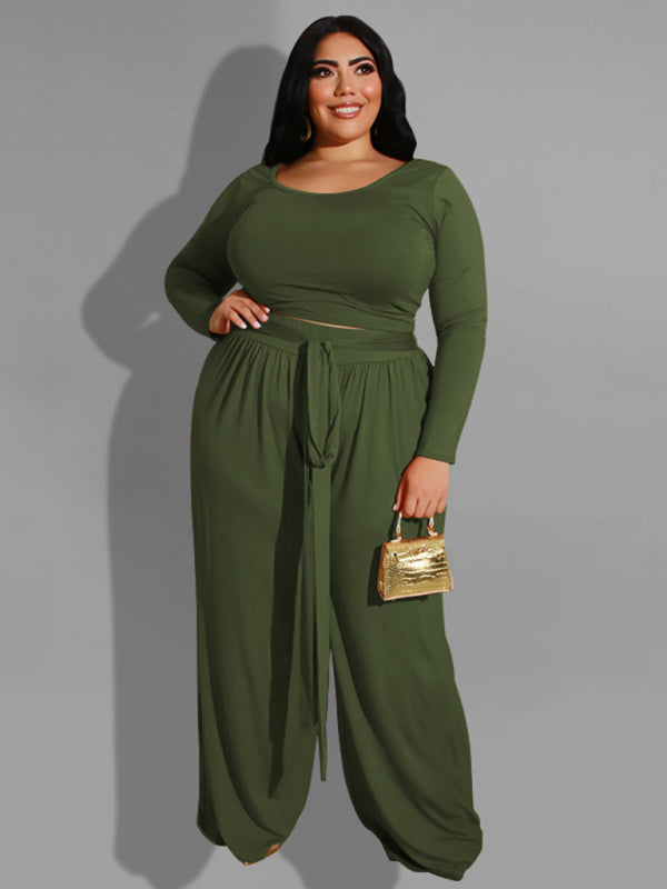 Women's plus size solid color knitted casual two-piece set kakaclo Green XL