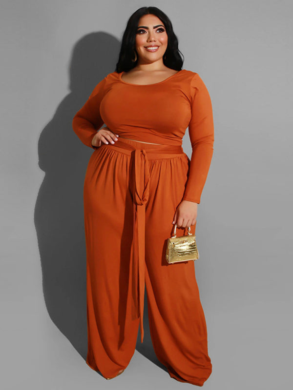 Women's plus size solid color knitted casual two-piece set kakaclo