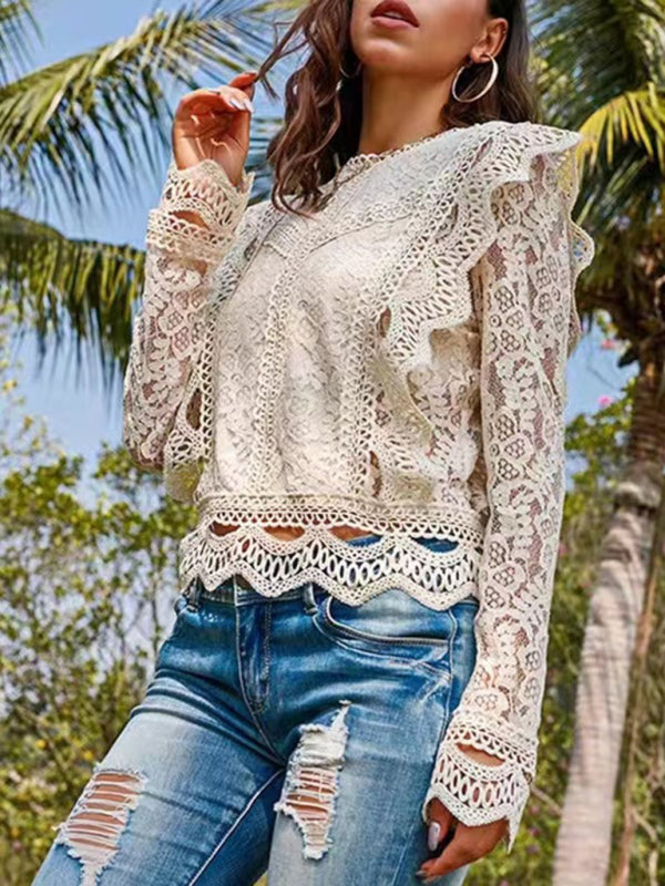 Sexy hollow lace long-sleeved fresh and sweet beauty top  kakaclo   