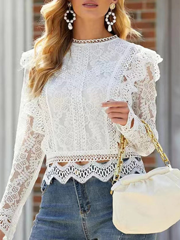 Sexy hollow lace long-sleeved fresh and sweet beauty top  kakaclo   