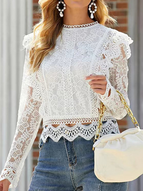 Sexy hollow lace long-sleeved fresh and sweet beauty top  kakaclo White S 