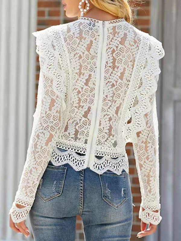 Sexy hollow lace long-sleeved fresh and sweet beauty top  kakaclo   