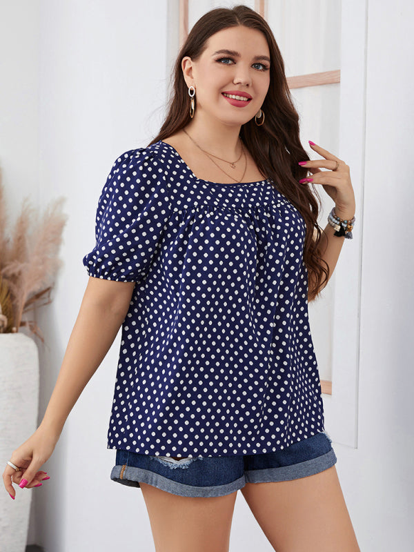 Large size women's chiffon short woven round neck plaid temperament commuter polka dot shirt kakaclo