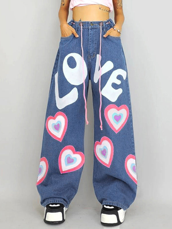 Women's Contrasting Color Heart Graffiti Print Loose Jeans kakaclo Blue S