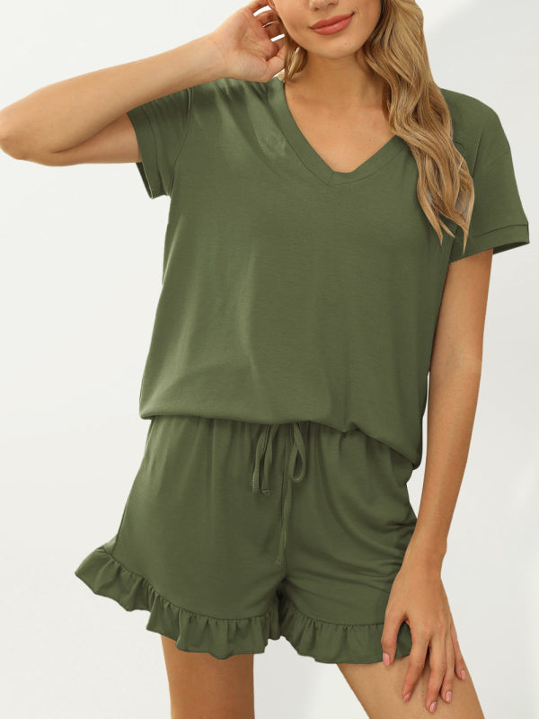 Women's Two-piece Casual Drawstring Shorts Short Sleeve Pajamas  kakaclo Green S 