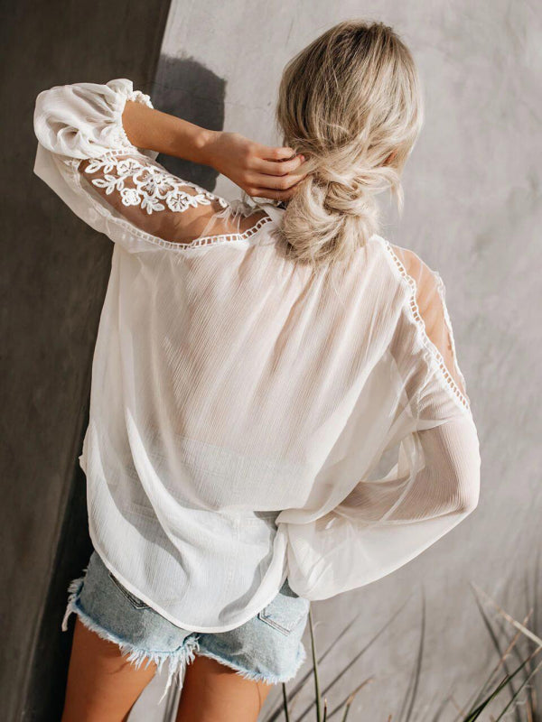 Sexy see-through V-neck lace shirt shirt  kakaclo   