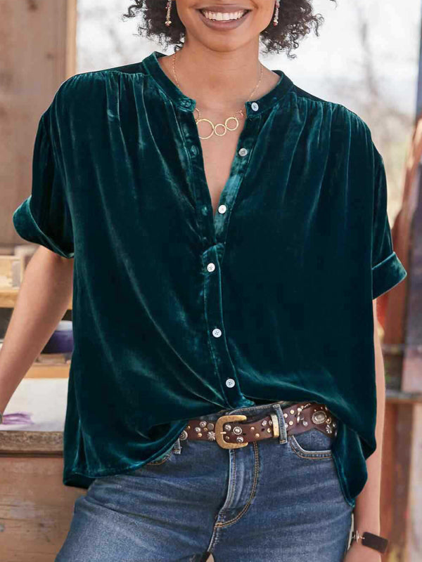 Gold velvet solid color short-sleeved round neck shirt shirt  kakaclo Green  black jasper S 