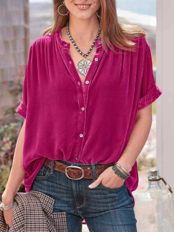 Gold velvet solid color short-sleeved round neck shirt shirt  kakaclo Rose S 