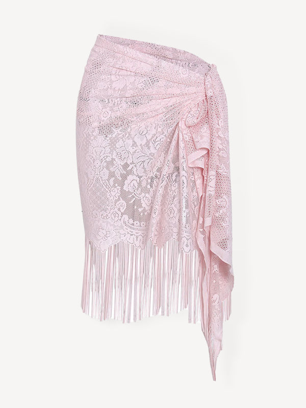 Women's hollow beach lace fringed blouse skirt  kakaclo Pink F 