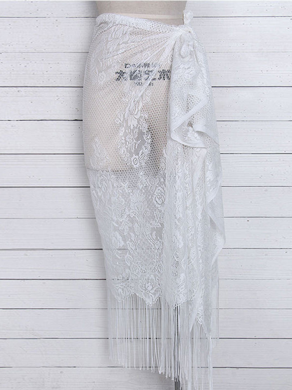 Women's hollow beach lace fringed blouse skirt  kakaclo White F 