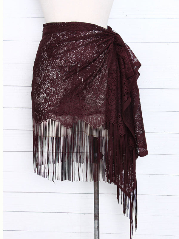 Women's hollow beach lace fringed blouse skirt  kakaclo Wine Red F 