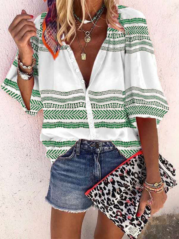 Casual striped printed shirt women's tops women's clothing  kakaclo Green S 