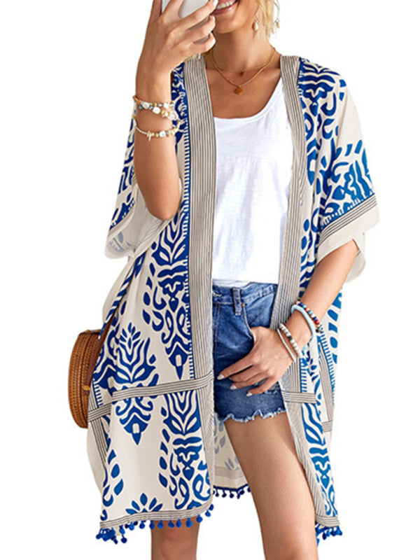 Women's Floral Print Kimono Beach Cover-Up  kakaclo Blue F 