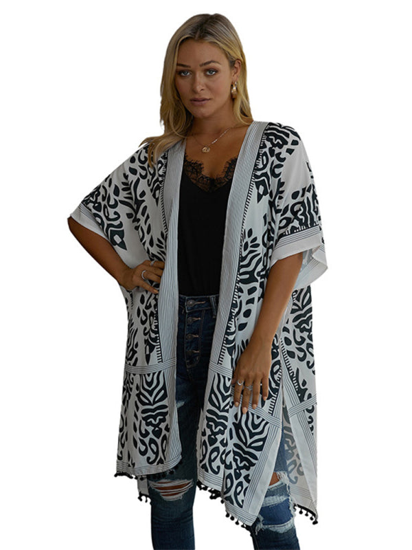 Women's Floral Print Kimono Beach Cover-Up  kakaclo Black F 