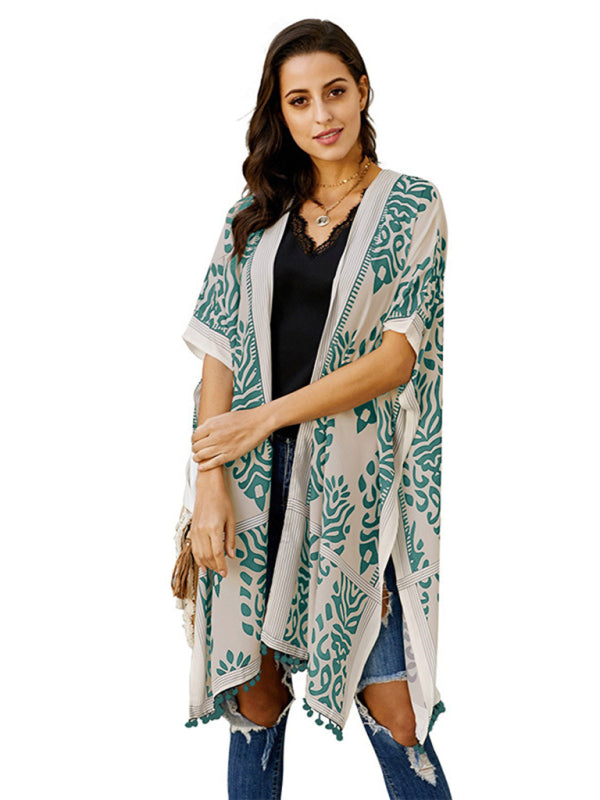 Women's Floral Print Kimono Beach Cover-Up  kakaclo Green F 