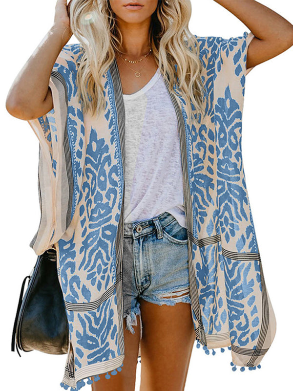 Women's Floral Print Kimono Beach Cover-Up  kakaclo Clear blue F 