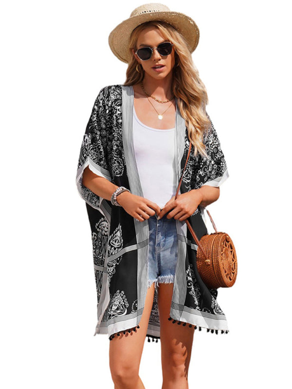 Women's Floral Print Kimono Beach Cover-Up  kakaclo Pitch-black F 