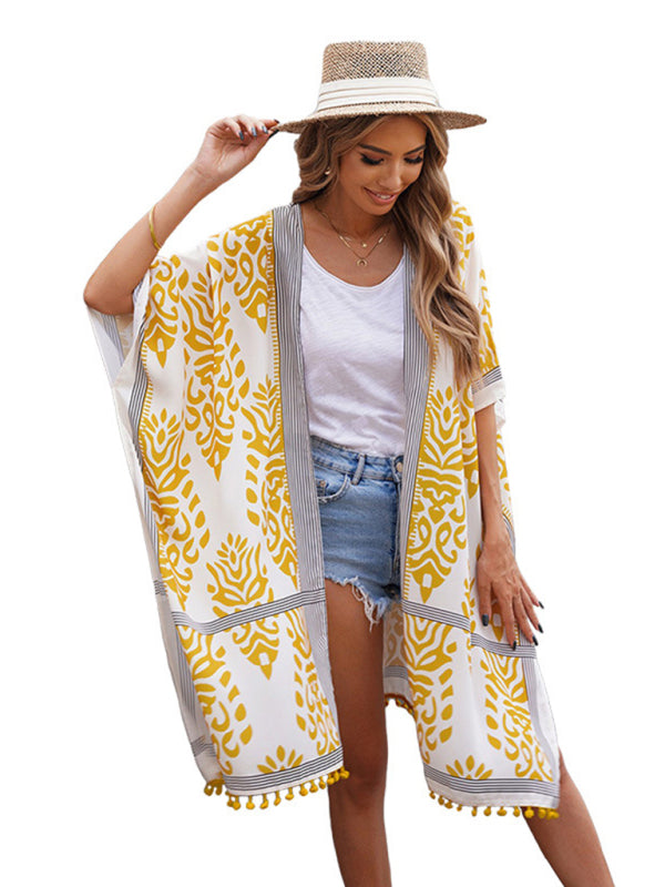 Women's Floral Print Kimono Beach Cover-Up  kakaclo Yellow F 