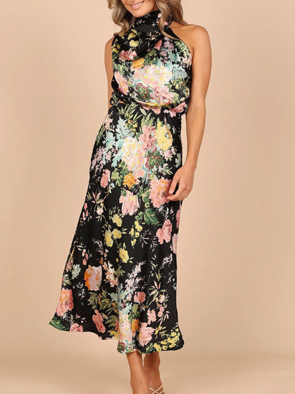 Ladies Sleeveless Halter Neck Printed Satin Dress  kakaclo   