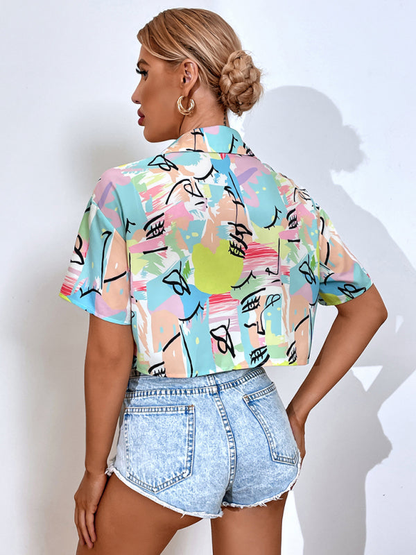 Cropped Graffiti Print Short Sleeve Shirt  kakaclo   