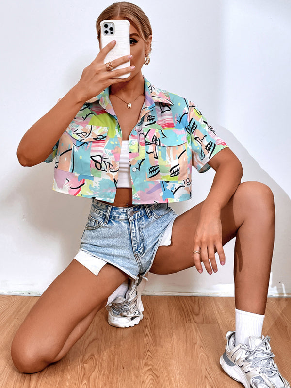 Cropped Graffiti Print Short Sleeve Shirt  kakaclo   