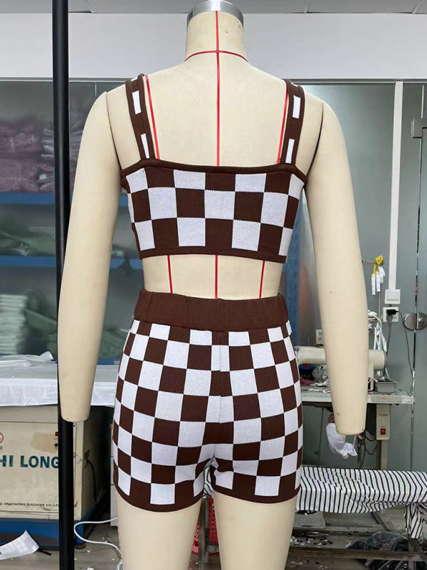 Women's Checkerboard Camisole two-Piece Set clothing kakaclo   