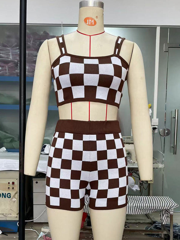 Women's Checkerboard Camisole two-Piece Set clothing kakaclo   