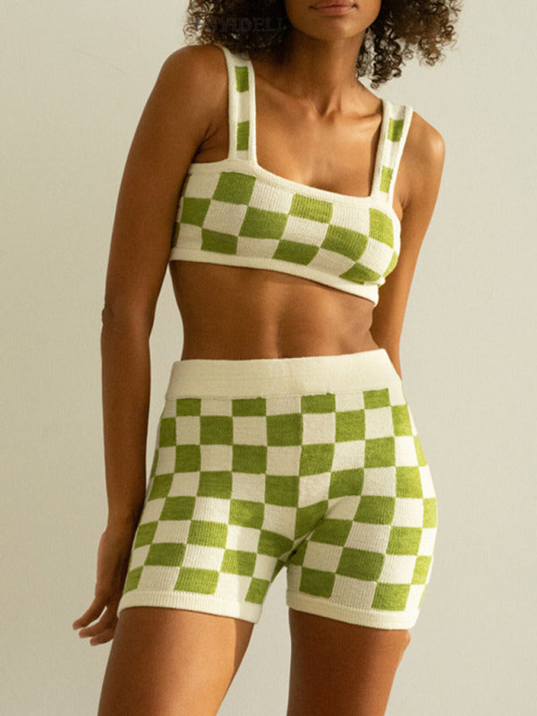 Women's Checkerboard Camisole two-Piece Set clothing kakaclo Green S 