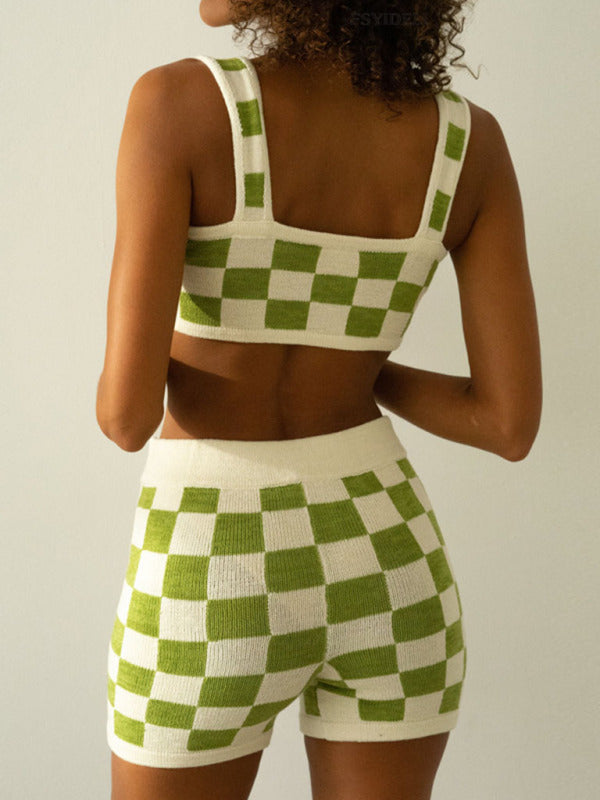 Women's Checkerboard Camisole two-Piece Set clothing kakaclo   