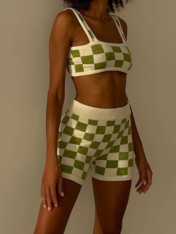 Women's Checkerboard Camisole two-Piece Set clothing kakaclo   