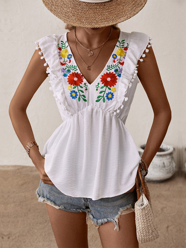 Women's Sleeveless Embroidered White Shirt  kakaclo White S 