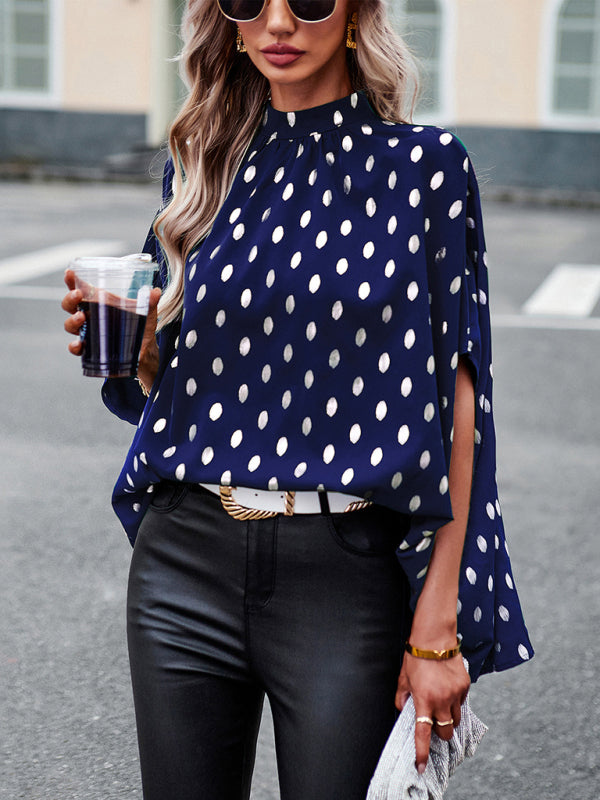 Golden polka dot temperament design sense long-sleeved blouse  kakaclo Blue S 