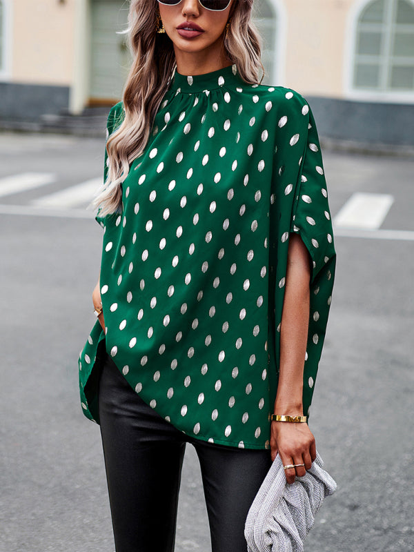 Golden polka dot temperament design sense long-sleeved blouse  kakaclo Green S 