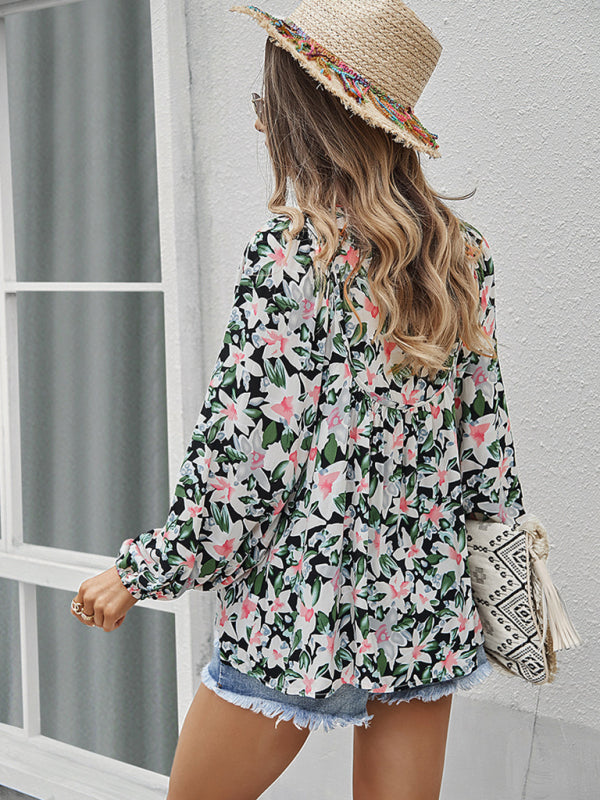 New style casual holiday style floral long-sleeved tie shirt top  kakaclo   