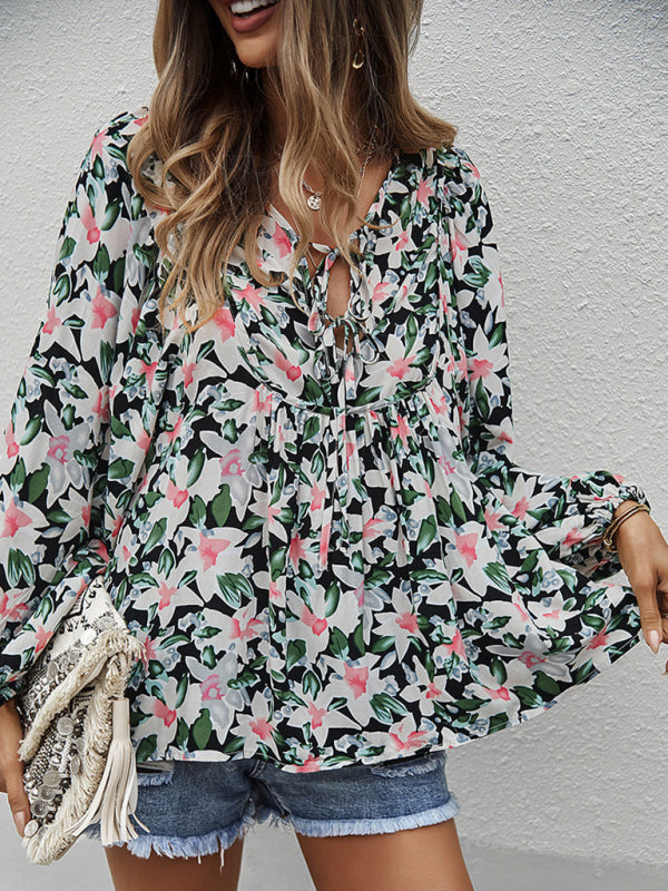 New style casual holiday style floral long-sleeved tie shirt top  kakaclo   